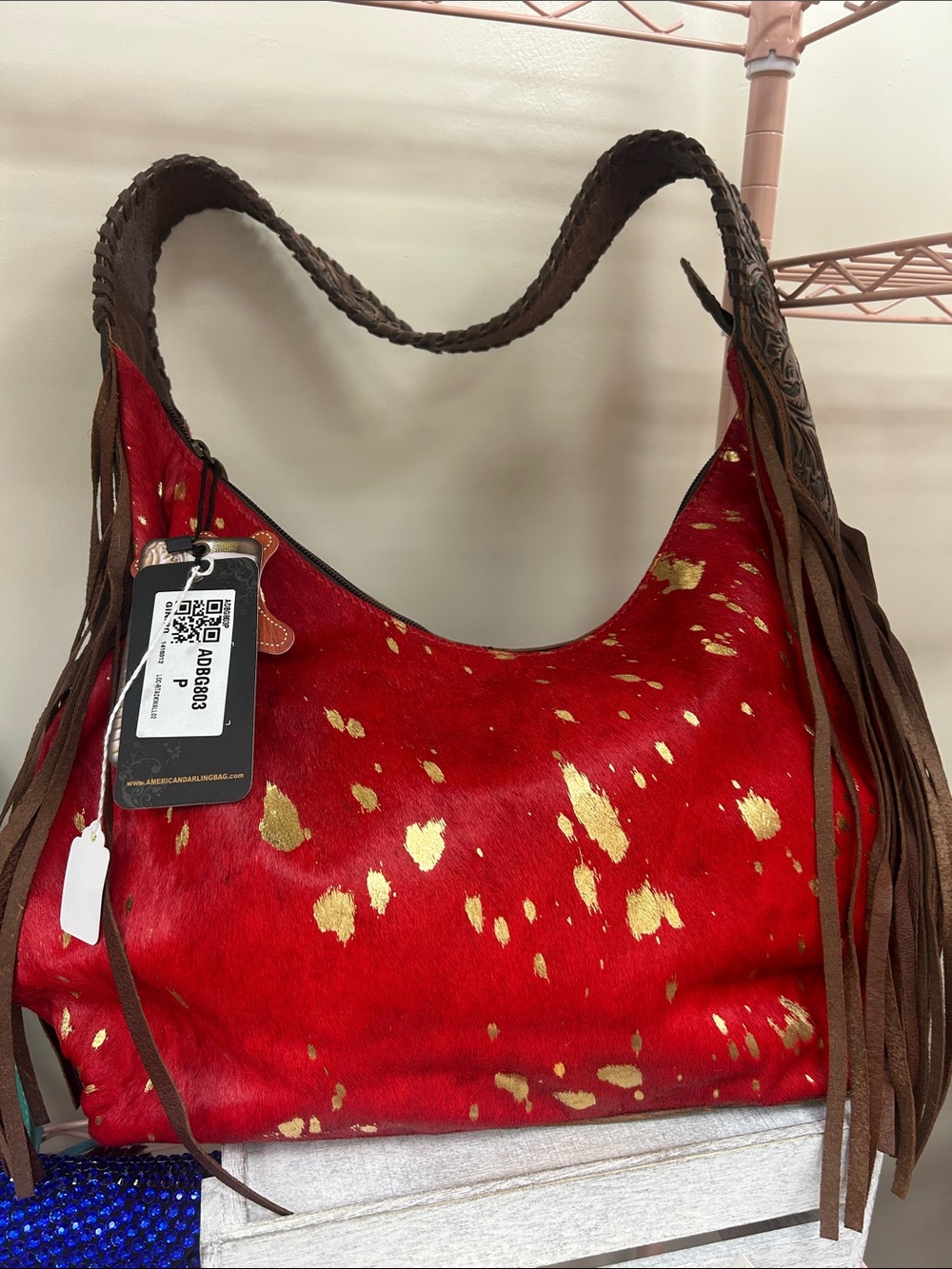 American Darling Red Shoulder Bag with Gold Accent Splatter